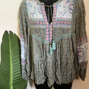 Vici Green and Pink Tie Front Blouse